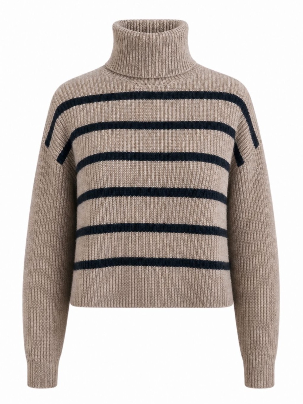 100% Cashmere Taupe Black Striped Turtleneck Sweater Drop Shoulder XS
